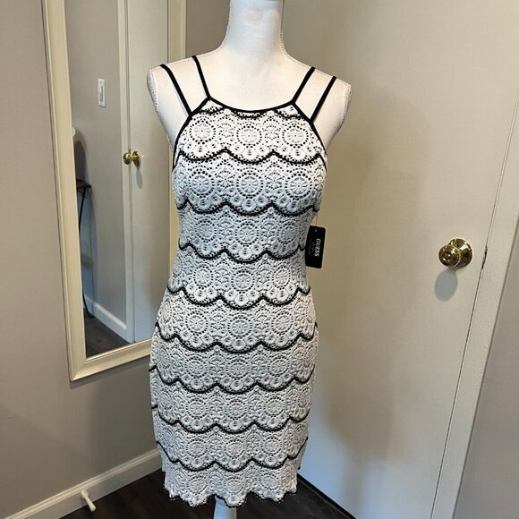 NWT Guess Los Angeles Black & White Scallop Crochet Mini Dress, Size 4 - Picture 2 of 16
